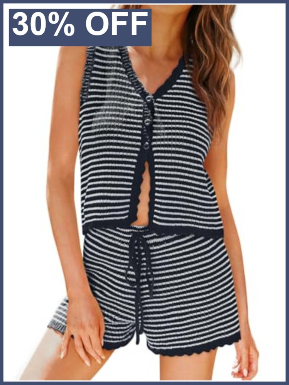 Womens 2 Piece Knit Short Set Striped V Neck Button Top Wide Leg Drawstring